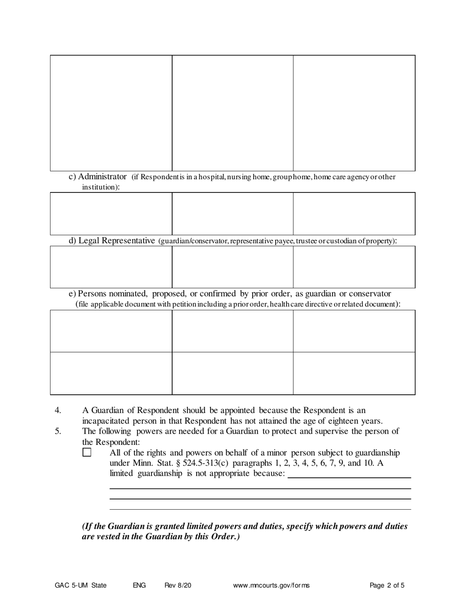 Form GAC5-UM Petition for Appointment of Guardian and Conservator (Minor) - Minnesota, Page 2