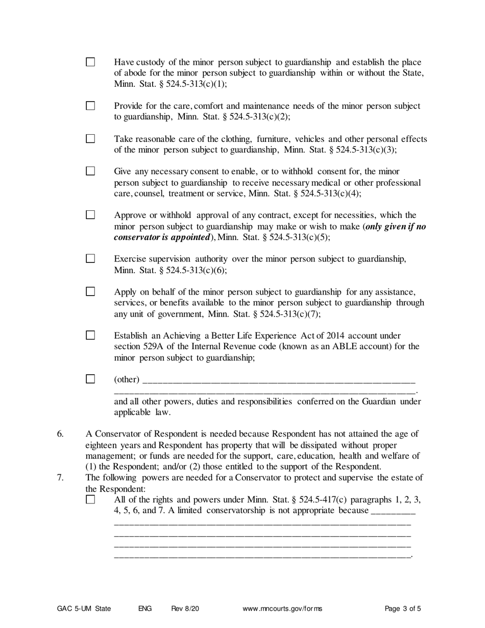 Form GAC5-UM Petition for Appointment of Guardian and Conservator (Minor) - Minnesota, Page 3