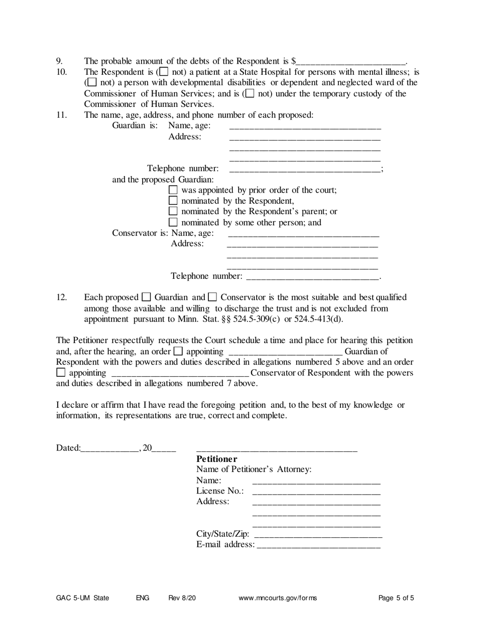 Form GAC5-UM Petition for Appointment of Guardian and Conservator (Minor) - Minnesota, Page 5