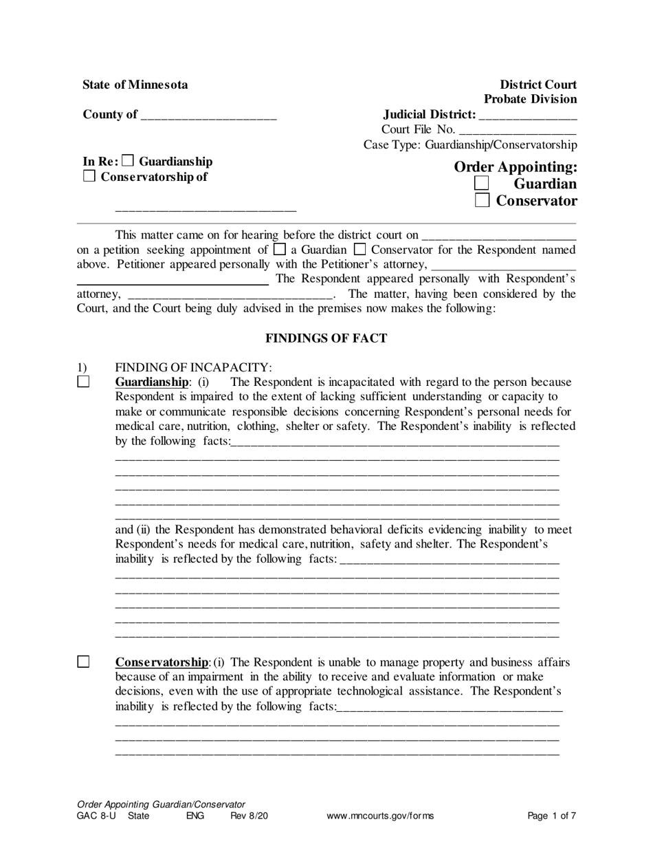 Form GAC8-U Order Appointing General Conservator / Guardian - Minnesota, Page 1