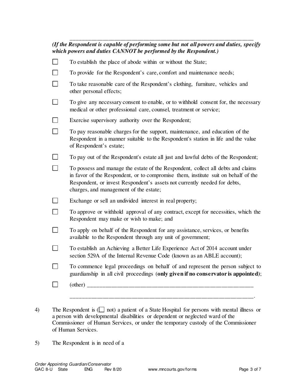 Form GAC8-U Order Appointing General Conservator / Guardian - Minnesota, Page 3