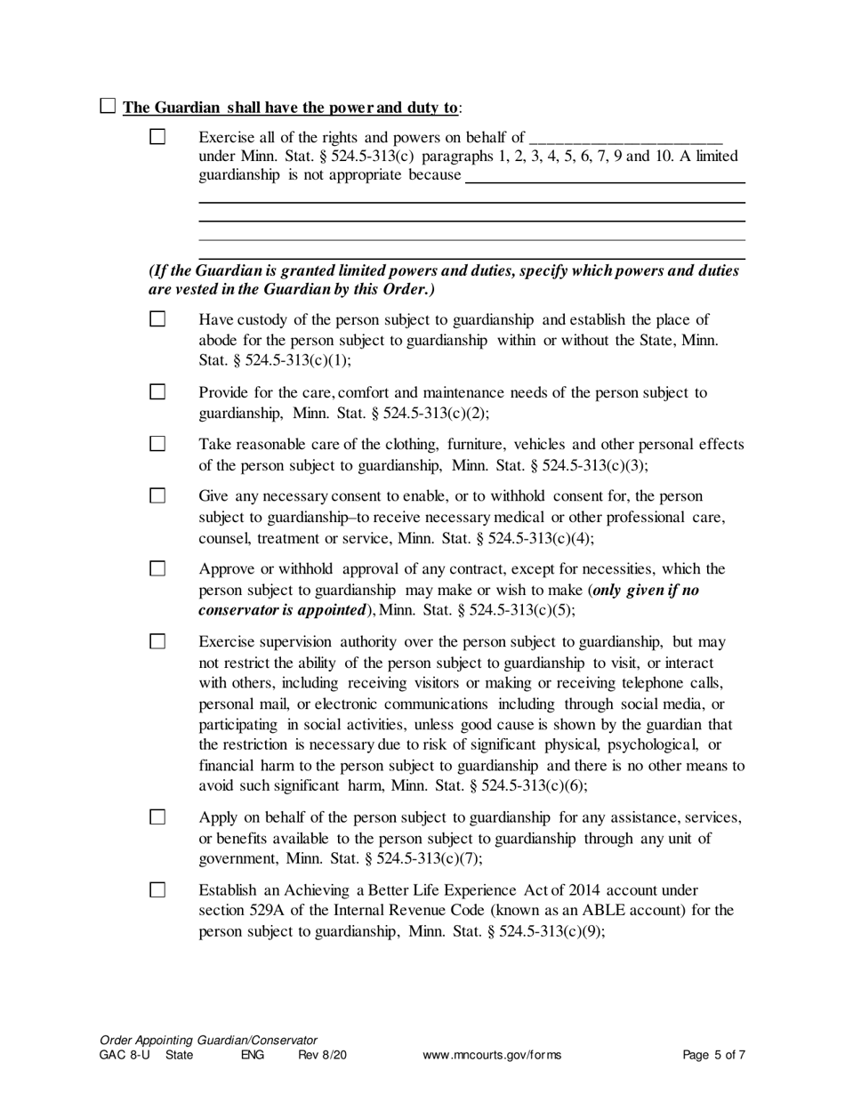 Form GAC8-U Order Appointing General Conservator / Guardian - Minnesota, Page 5