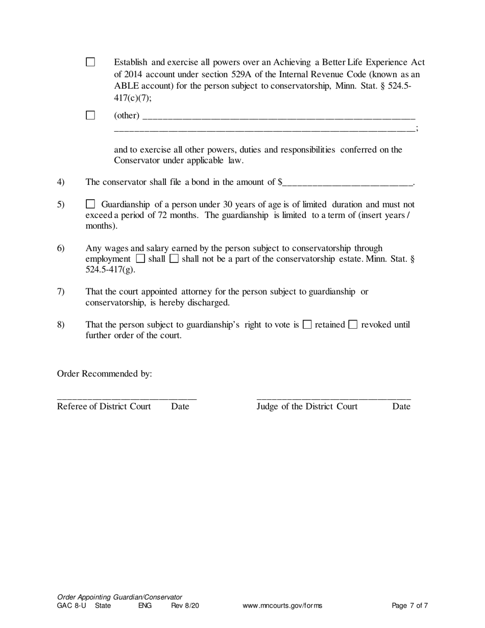 Form GAC8-U Order Appointing General Conservator / Guardian - Minnesota, Page 7