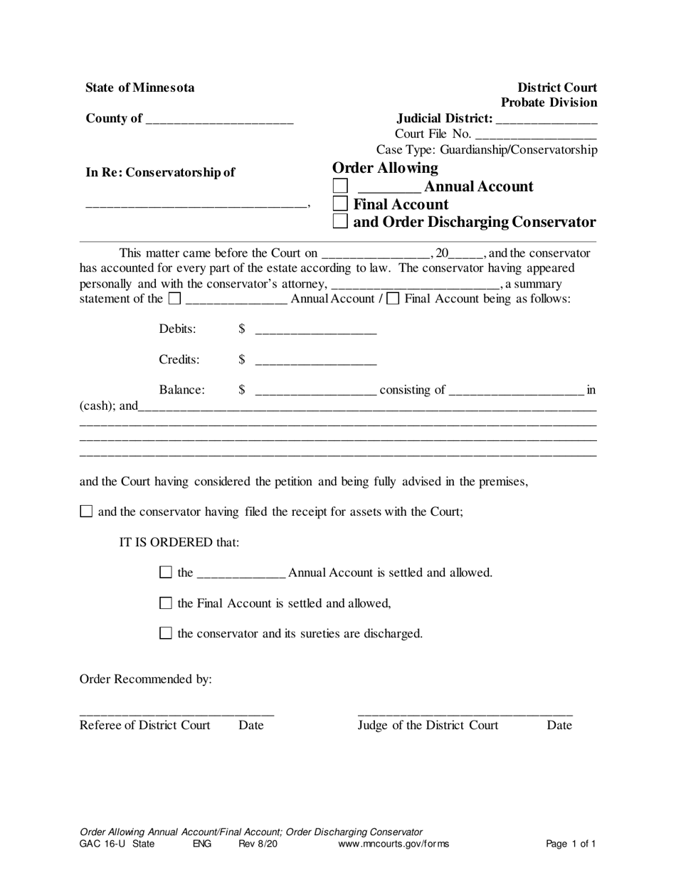 Form GAC16-U Order Allowing Annual / Final Account / Discharge of Conservator - Minnesota, Page 1