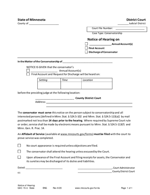 Form GAC15-U Notice of Time and Place of Hearing on Annual/Final Account / Discharge of Conservator - Minnesota