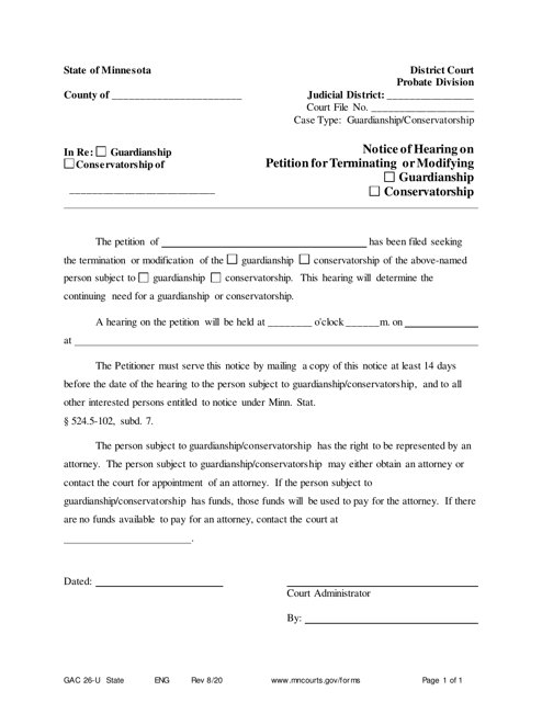 Form GAC26-U Notice of Hearing on Petition for Terminating or Modifying Guardianship/Conservatorship - Minnesota
