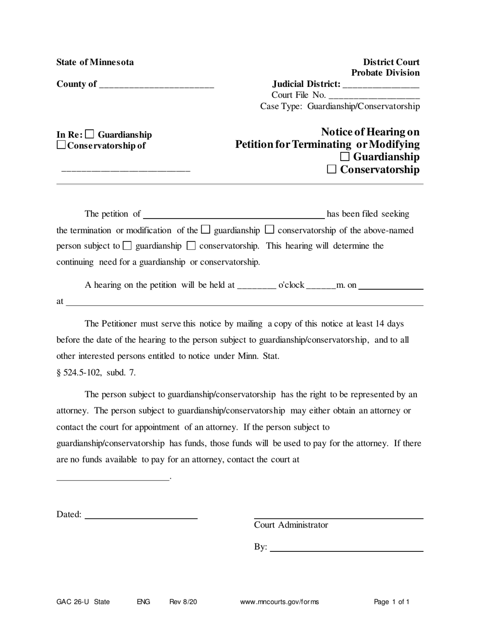 Form GAC26-U Notice of Hearing on Petition for Terminating or Modifying Guardianship / Conservatorship - Minnesota, Page 1
