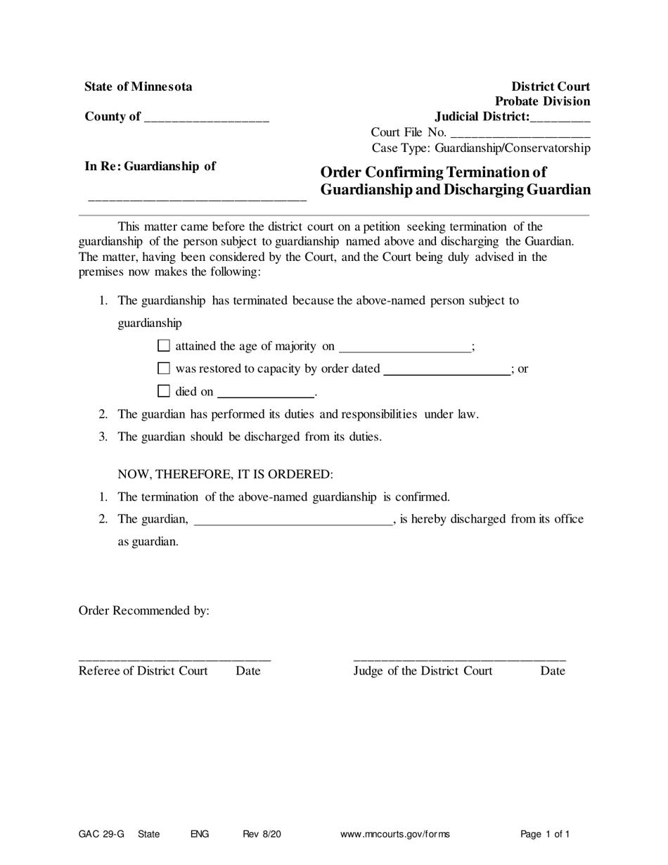 Form GAC29-G Order Confirming Termination of Guardianship and Discharging Guardian - Minnesota, Page 1
