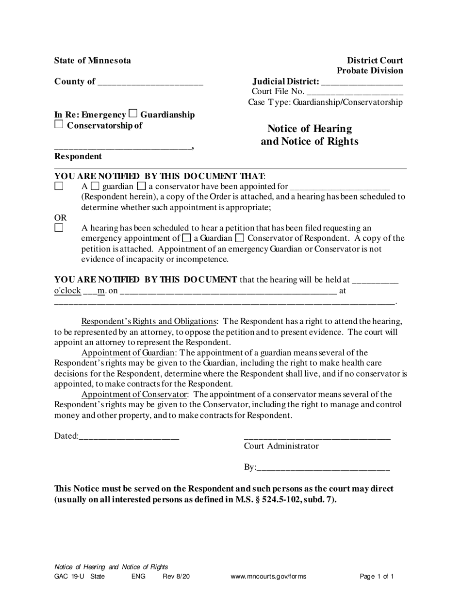 Form GAC19-U Notice of Hearing and Notice of Rights - Minnesota, Page 1