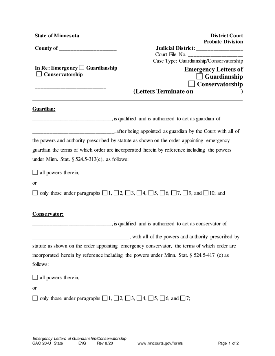 Form GAC20-U Emergency Letters of Guardianship / Conservatorship - Minnesota, Page 1