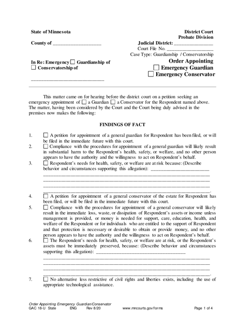 Form GAC18-U Order Appointing Emergency Guardian/Conservator - Minnesota