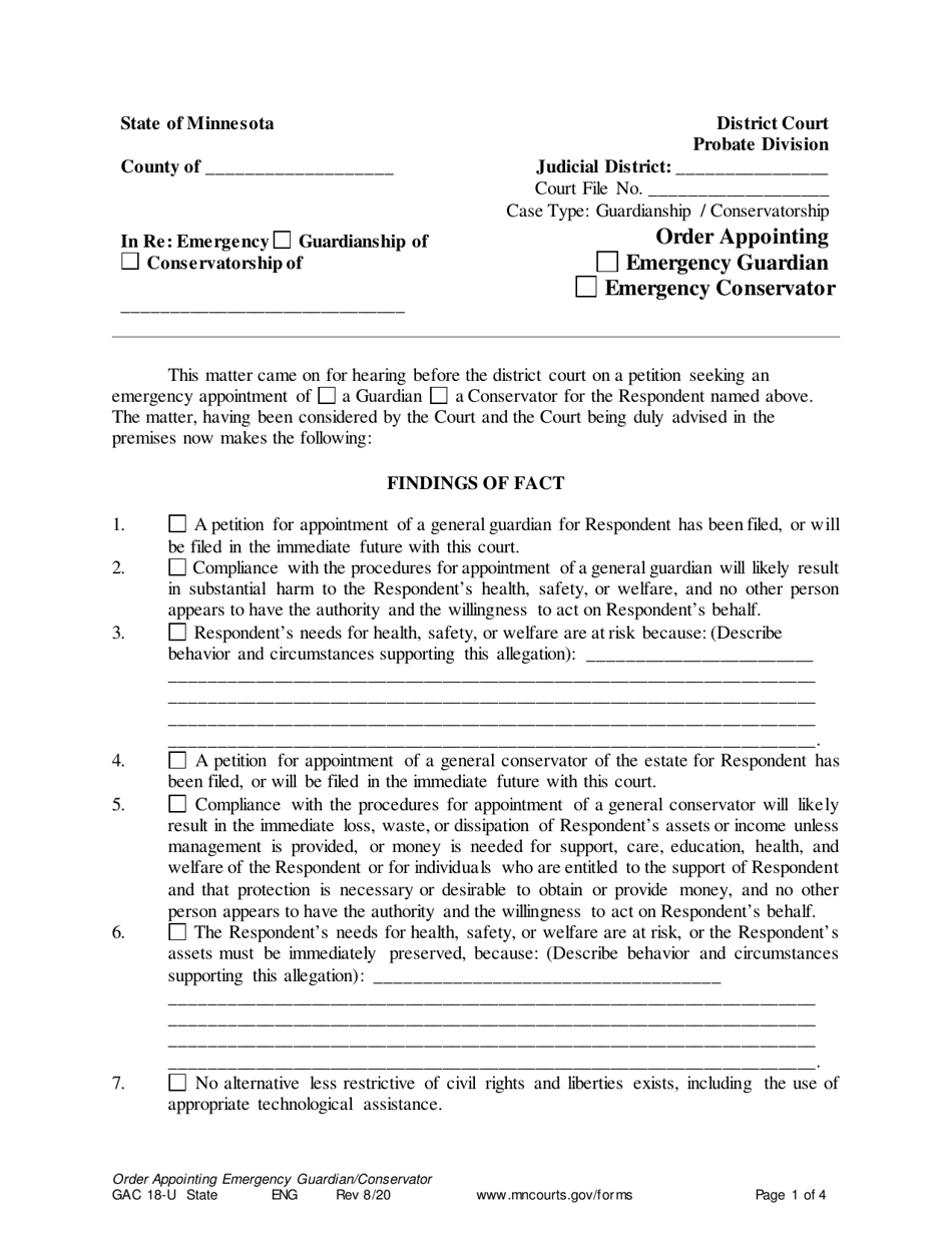 Form GAC18-U Order Appointing Emergency Guardian / Conservator - Minnesota, Page 1