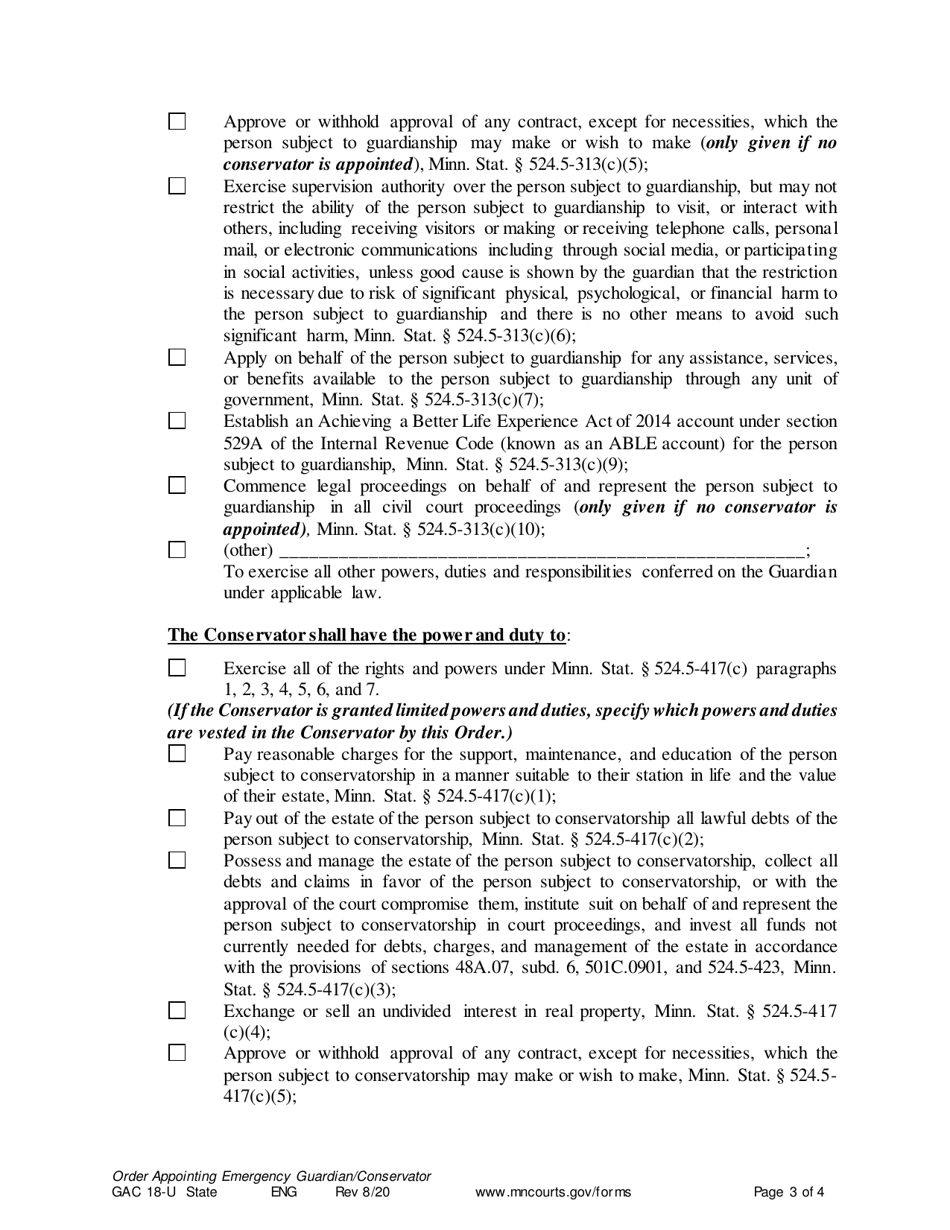 Form GAC18-U Order Appointing Emergency Guardian / Conservator - Minnesota, Page 3