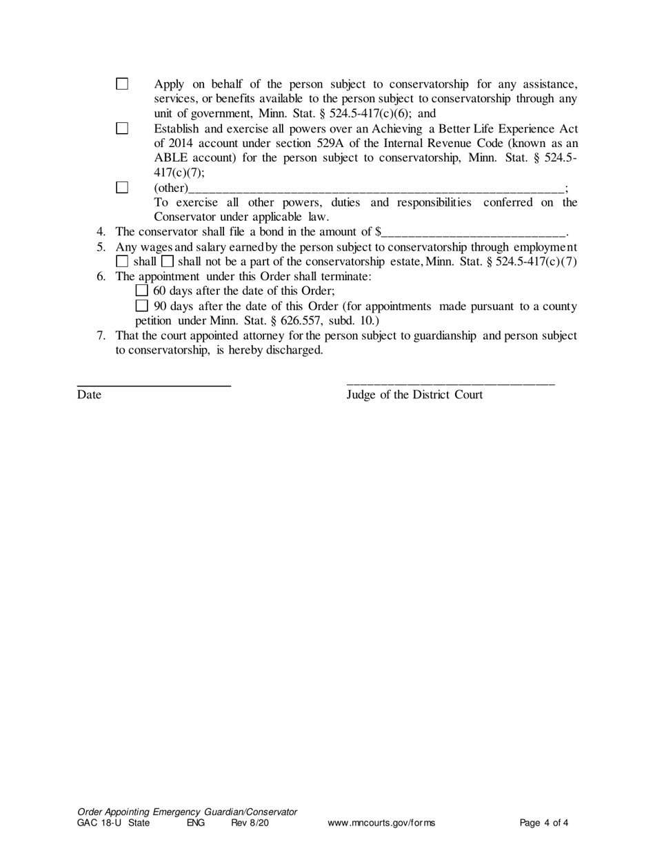 Form GAC18-U Order Appointing Emergency Guardian / Conservator - Minnesota, Page 4