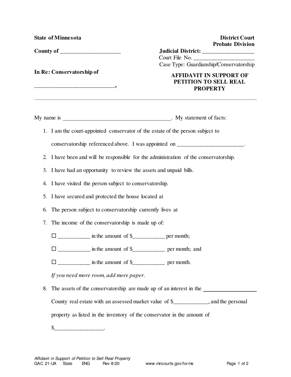 Form GAC21-UA Affidavit in Support of Petition to Sell Real Property - Minnesota, Page 1