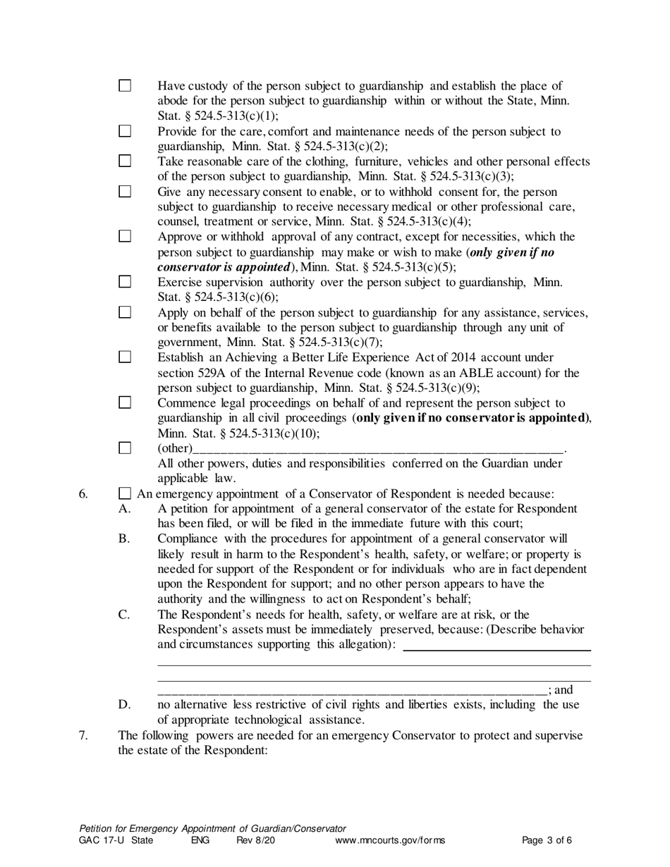Form GAC17-U Petition for Emergency Guardian / Conservator - Minnesota, Page 3