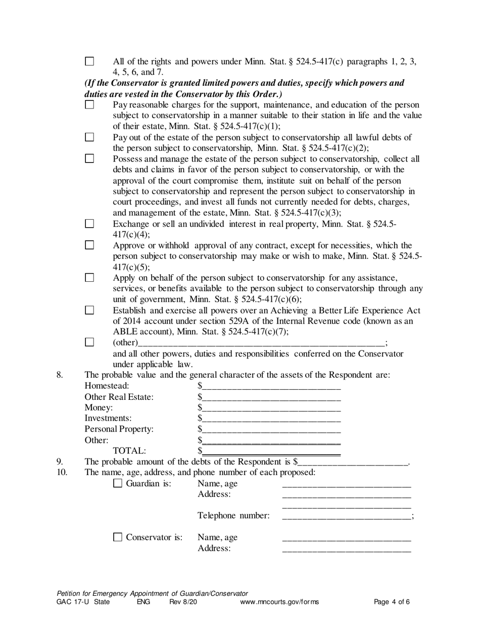 Form GAC17-U Petition for Emergency Guardian / Conservator - Minnesota, Page 4