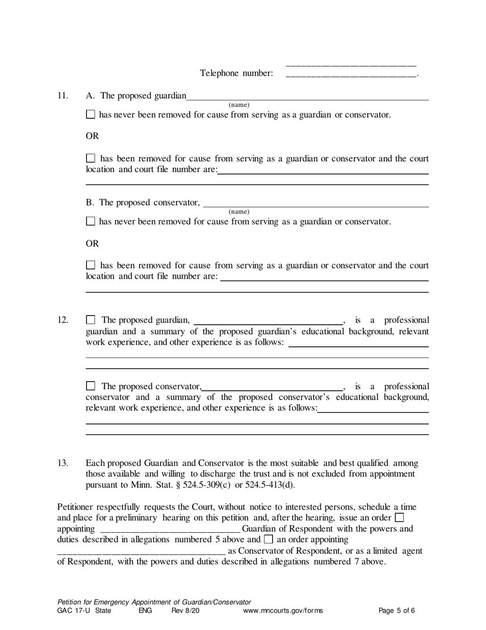 Form GAC17-U Petition for Emergency Guardian / Conservator - Minnesota, Page 5