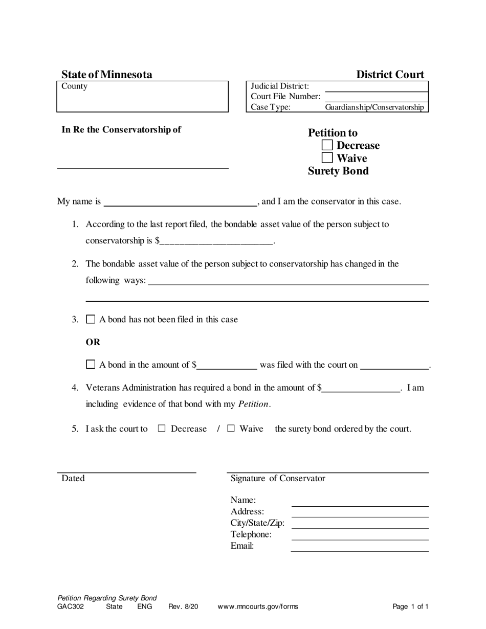 Form GAC302 Petition to Decrease or Waive Surety Bond - Minnesota, Page 1