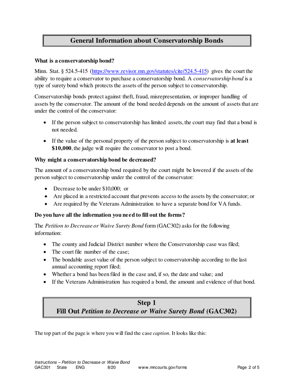 Instructions for Form GAC302 Petition to Decrease or Waive Surety Bond - Minnesota, Page 2