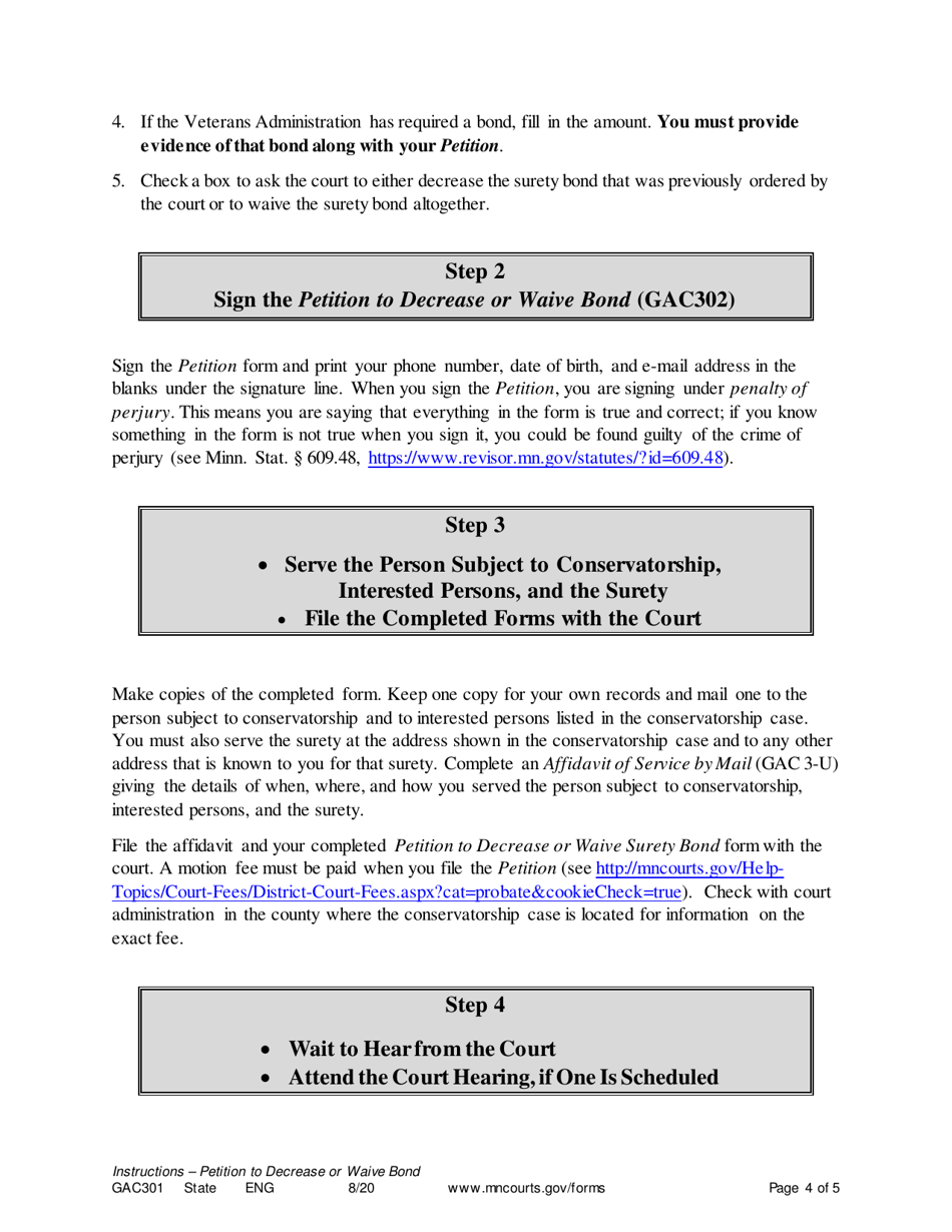 Instructions for Form GAC302 Petition to Decrease or Waive Surety Bond - Minnesota, Page 4