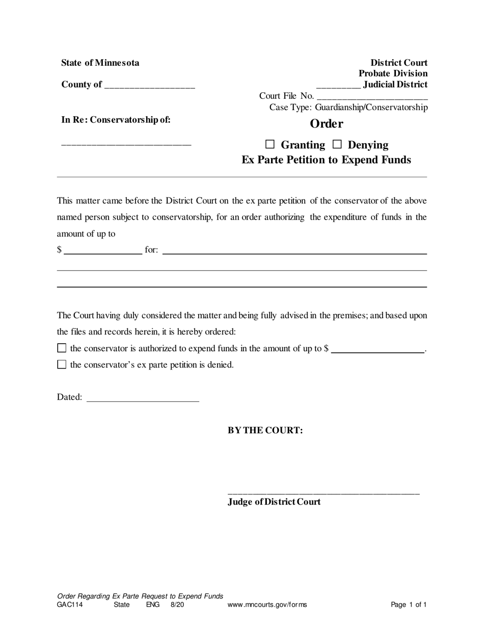 Form GAC114 Order Granting / Denying Ex Parte Petition to Expend Funds - Minnesota, Page 1