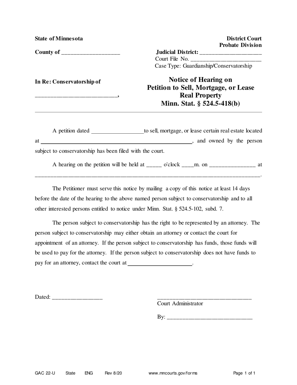 Form GAC22-U Notice of Hearing on Petition to Sell, Mortgage, or Lease Real Property - Minnesota, Page 1