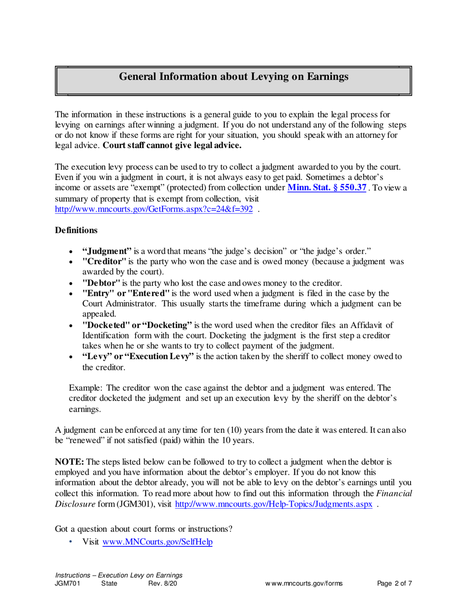 Form JGM701 Instructions - Execution Levy on Earnings - Minnesota, Page 2