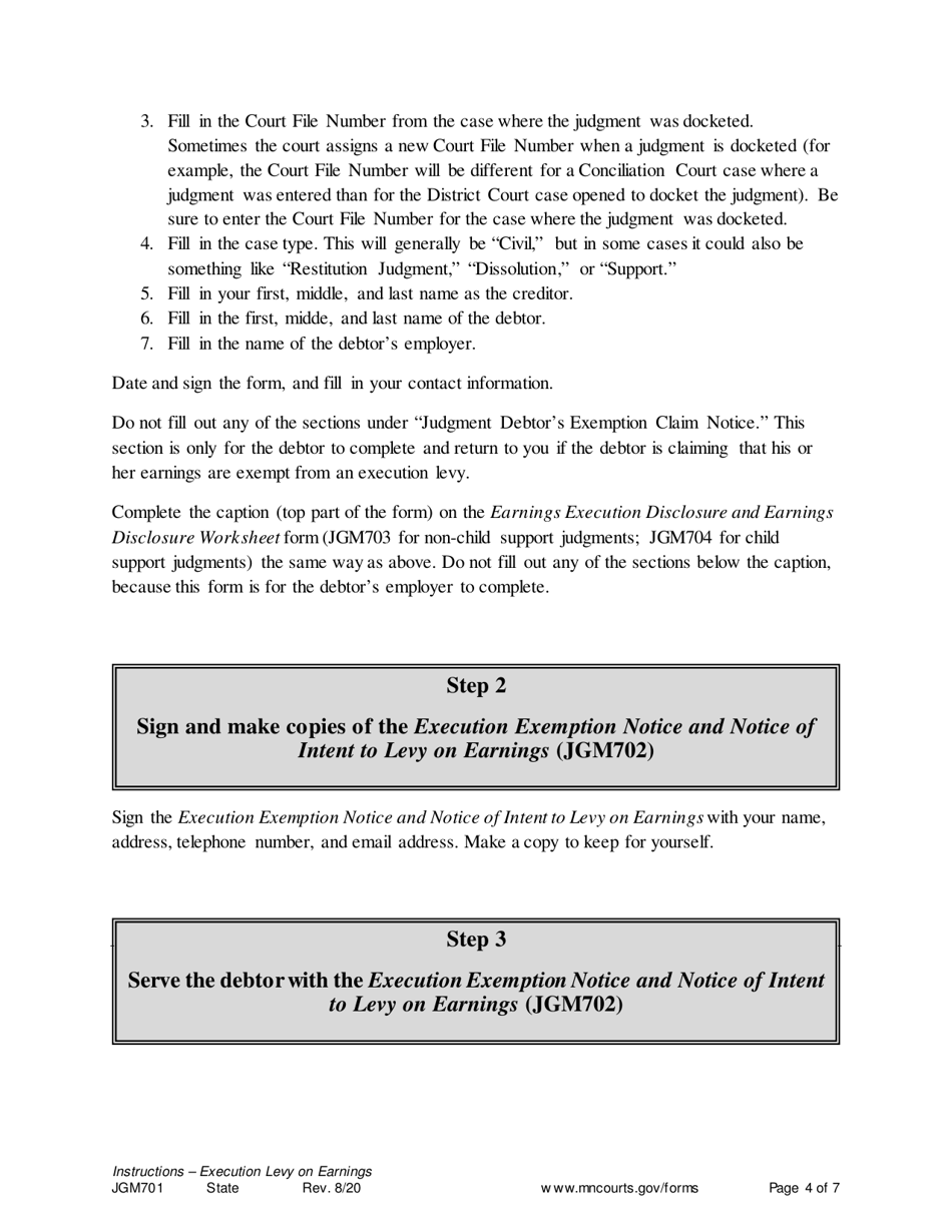Form JGM701 Instructions - Execution Levy on Earnings - Minnesota, Page 4