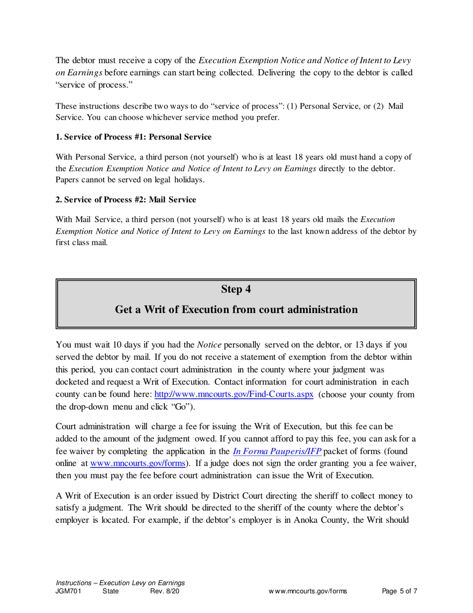 Form JGM701 Instructions - Execution Levy on Earnings - Minnesota, Page 5