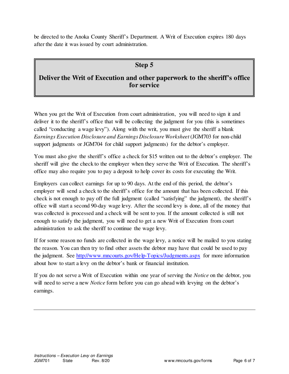 Form JGM701 Instructions - Execution Levy on Earnings - Minnesota, Page 6