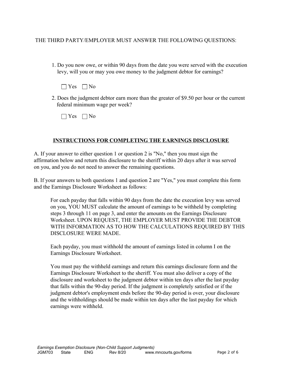 Form JGM703 Earnings Execution Disclosure for Non-child Support Judgments - Minnesota, Page 2