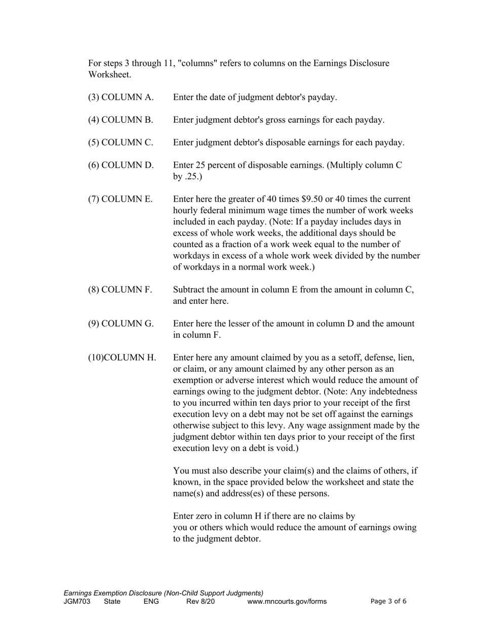 Form JGM703 Earnings Execution Disclosure for Non-child Support Judgments - Minnesota, Page 3
