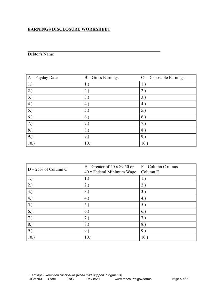 Form JGM703 Earnings Execution Disclosure for Non-child Support Judgments - Minnesota, Page 5