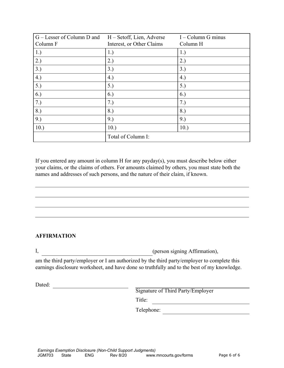 Form JGM703 Earnings Execution Disclosure for Non-child Support Judgments - Minnesota, Page 6