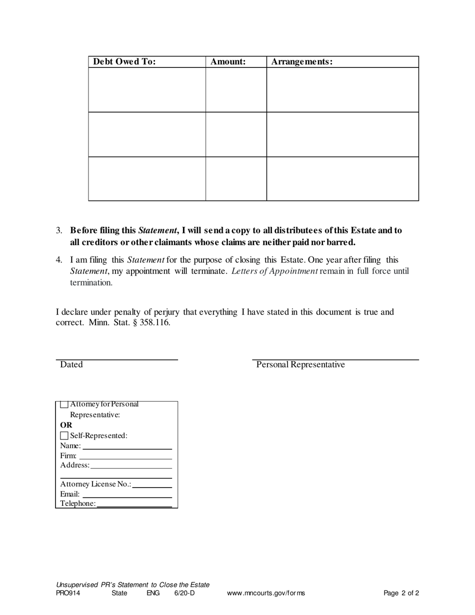 Form PRO914 Unsupervised Personal Representatives Statement to Close Estate - Minnesota, Page 2