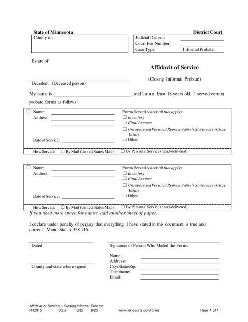 Form PRO915 Affidavit of Service (Closing Informal Probate) - Minnesota