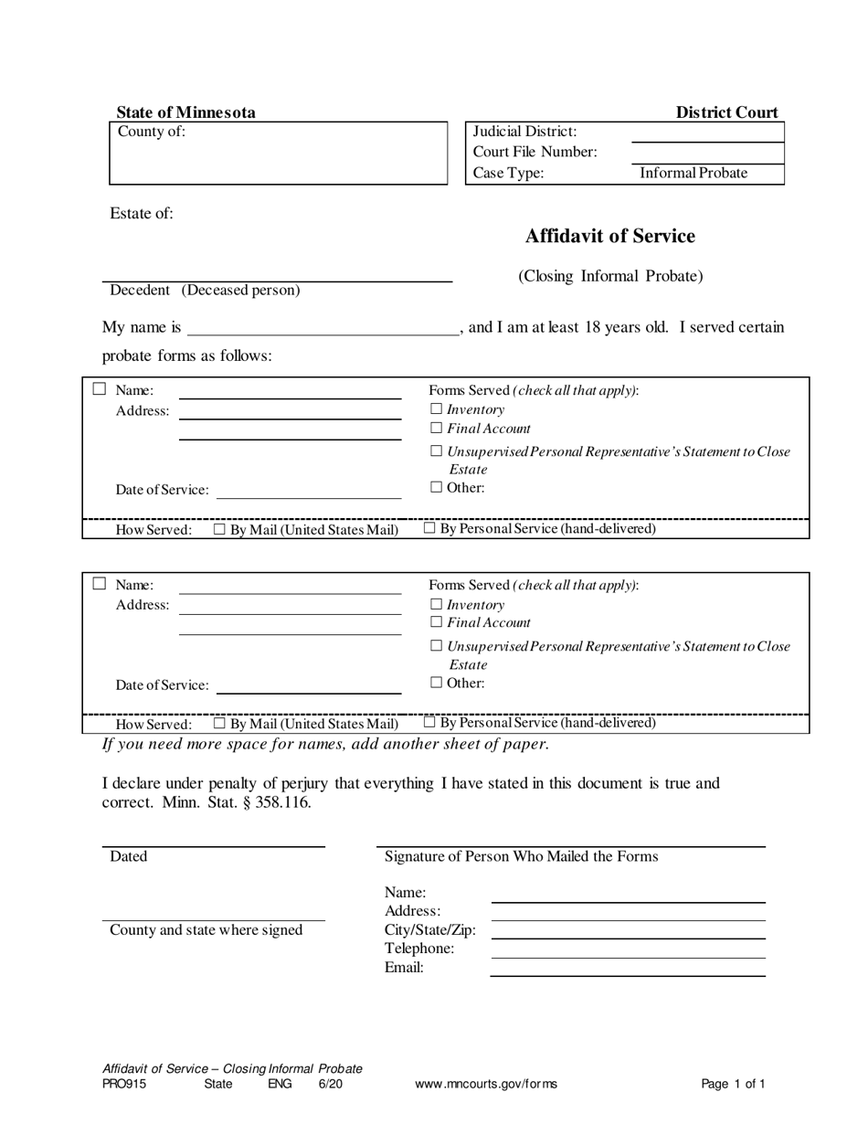 Form PRO915 Affidavit of Service (Closing Informal Probate) - Minnesota, Page 1