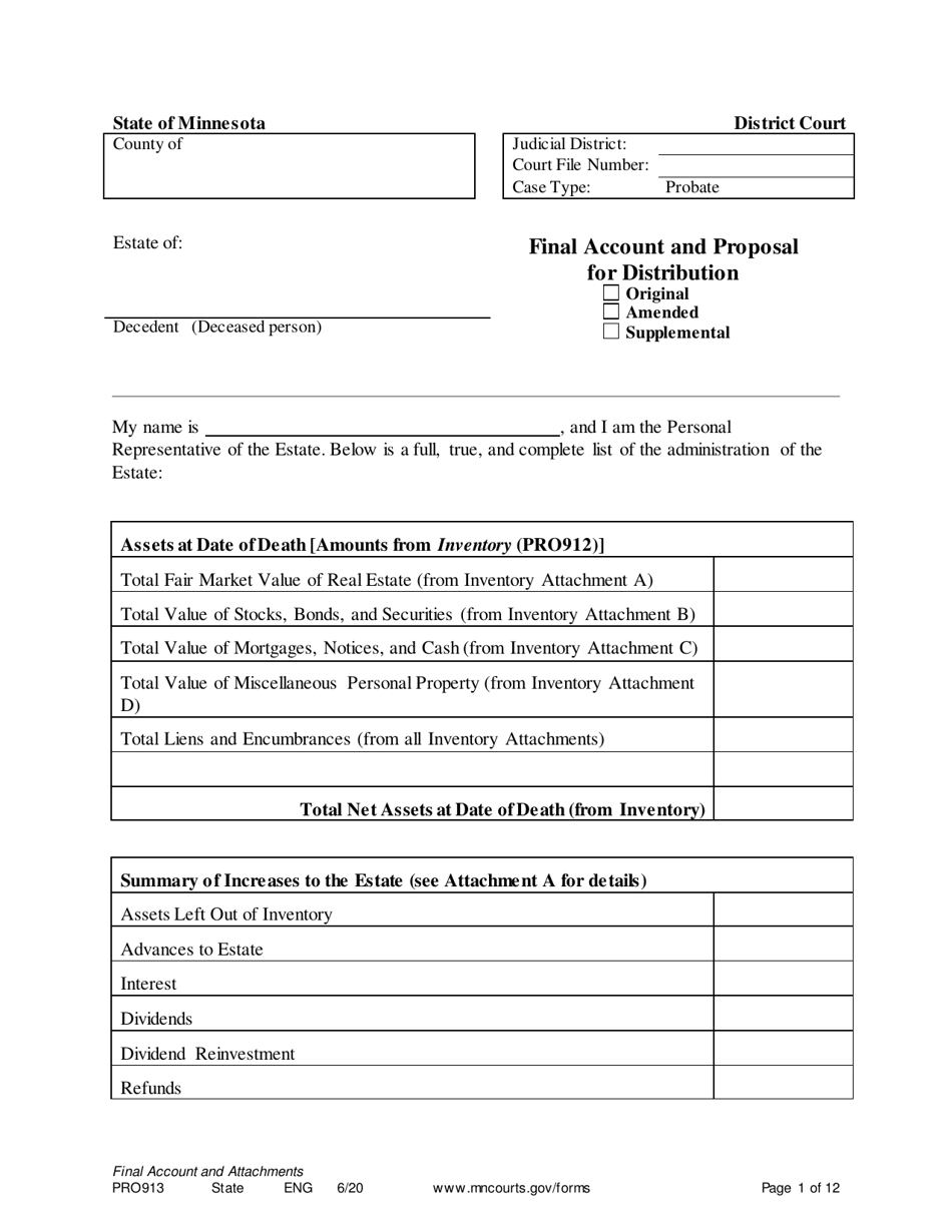 Form PRO913 Final Account and Proposal for Distribution - Minnesota, Page 1