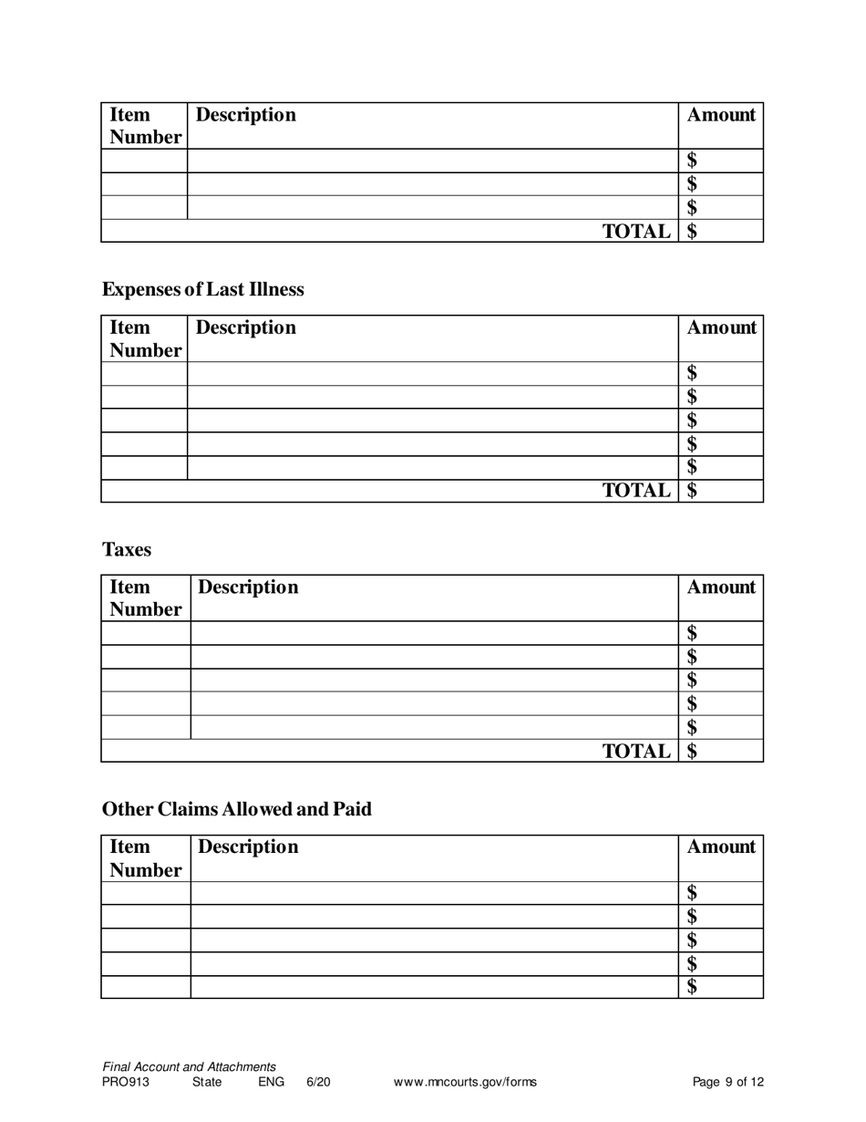 Form PRO913 Final Account and Proposal for Distribution - Minnesota, Page 9