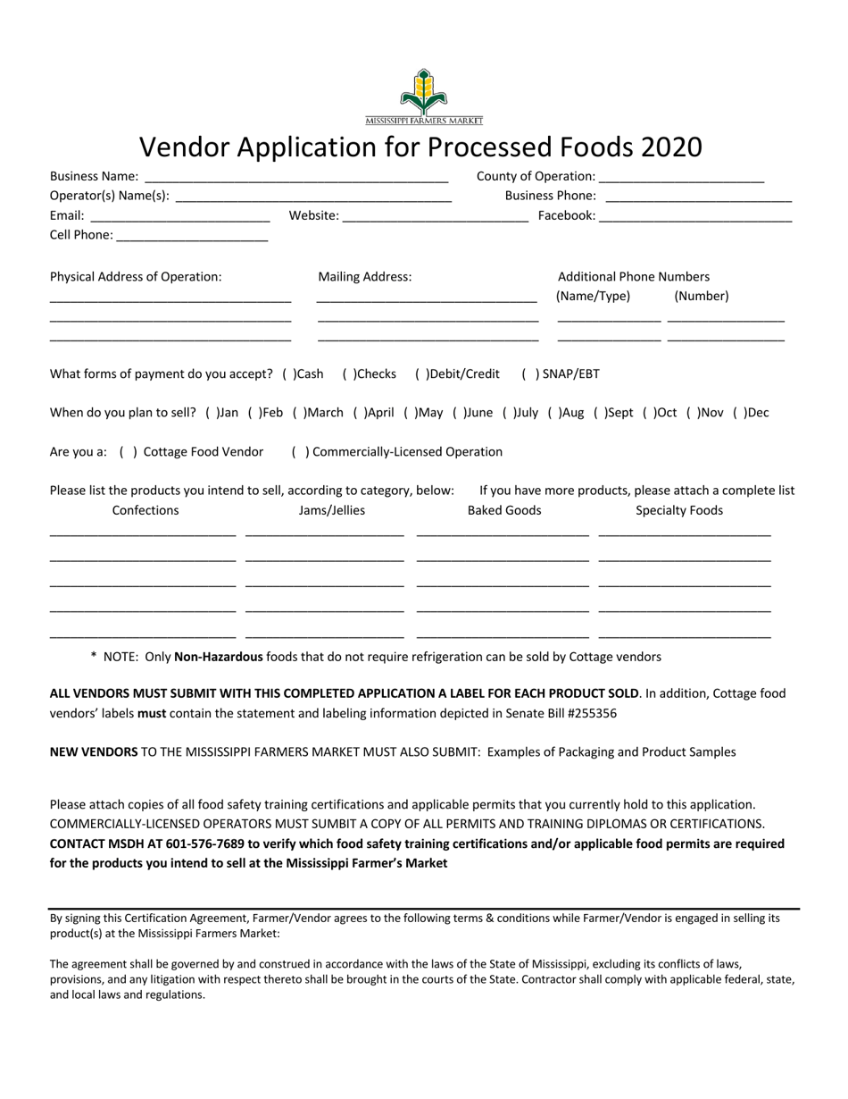 Vendor Application for Processed Foods - Mississippi, Page 1