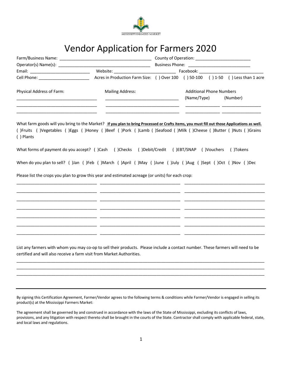Vendor Application for Farmers - Mississippi, Page 1