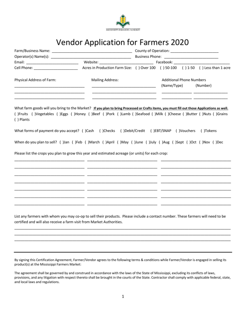 Vendor Application for Farmers - Mississippi Download Pdf