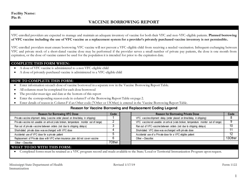 Form 1122 Vaccine Borrowing Report - Mississippi, Page 1