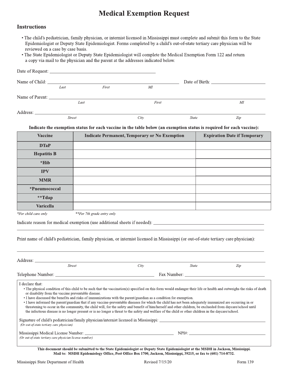 Form 139 Medical Exemption Request - Mississippi, Page 1