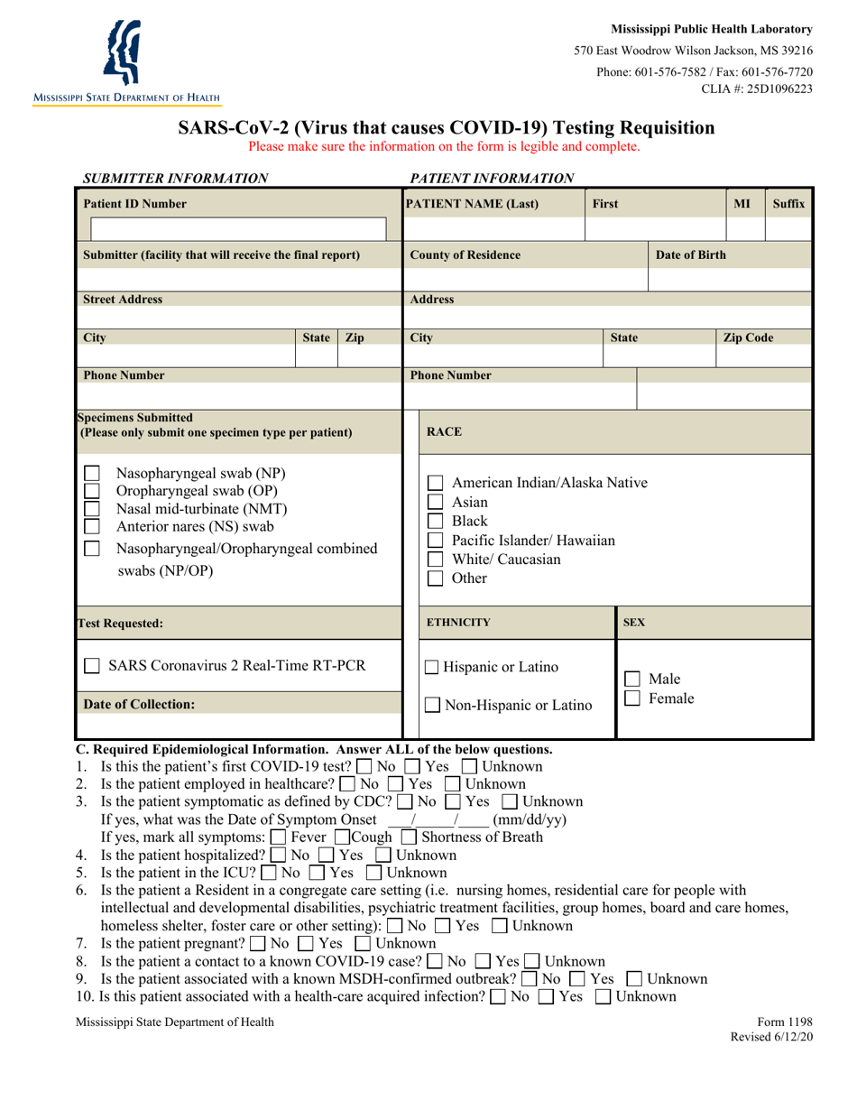 Form 1198 Sars-Cov-2 (Virus That Causes Covid-19) Testing Requisition - Mississippi, Page 1