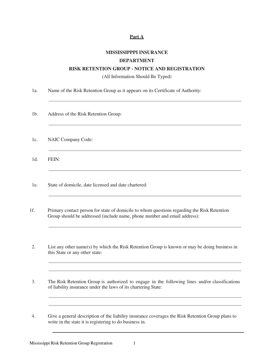 Risk Retention Group - Notice and Registration - Mississippi, Page 1