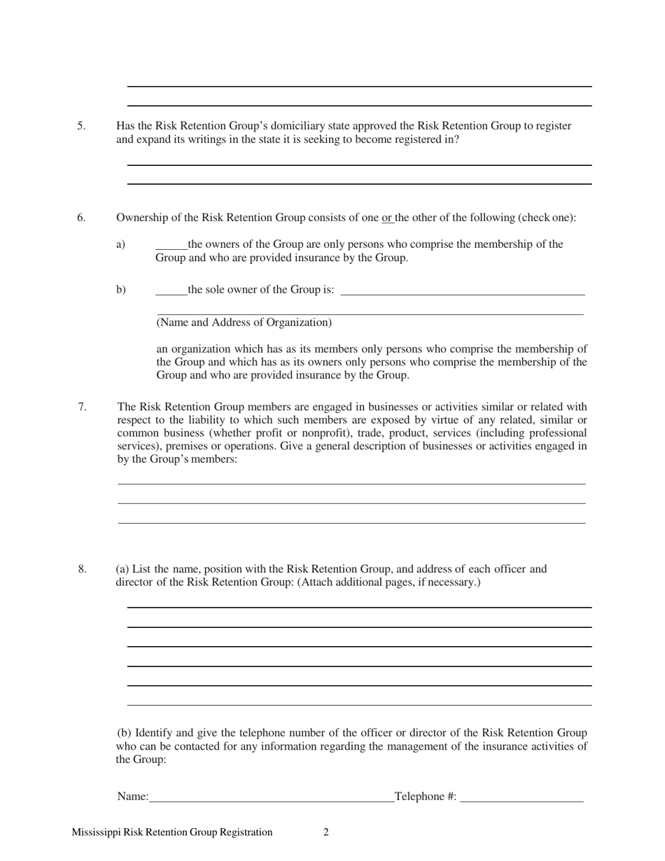 Risk Retention Group - Notice and Registration - Mississippi, Page 2