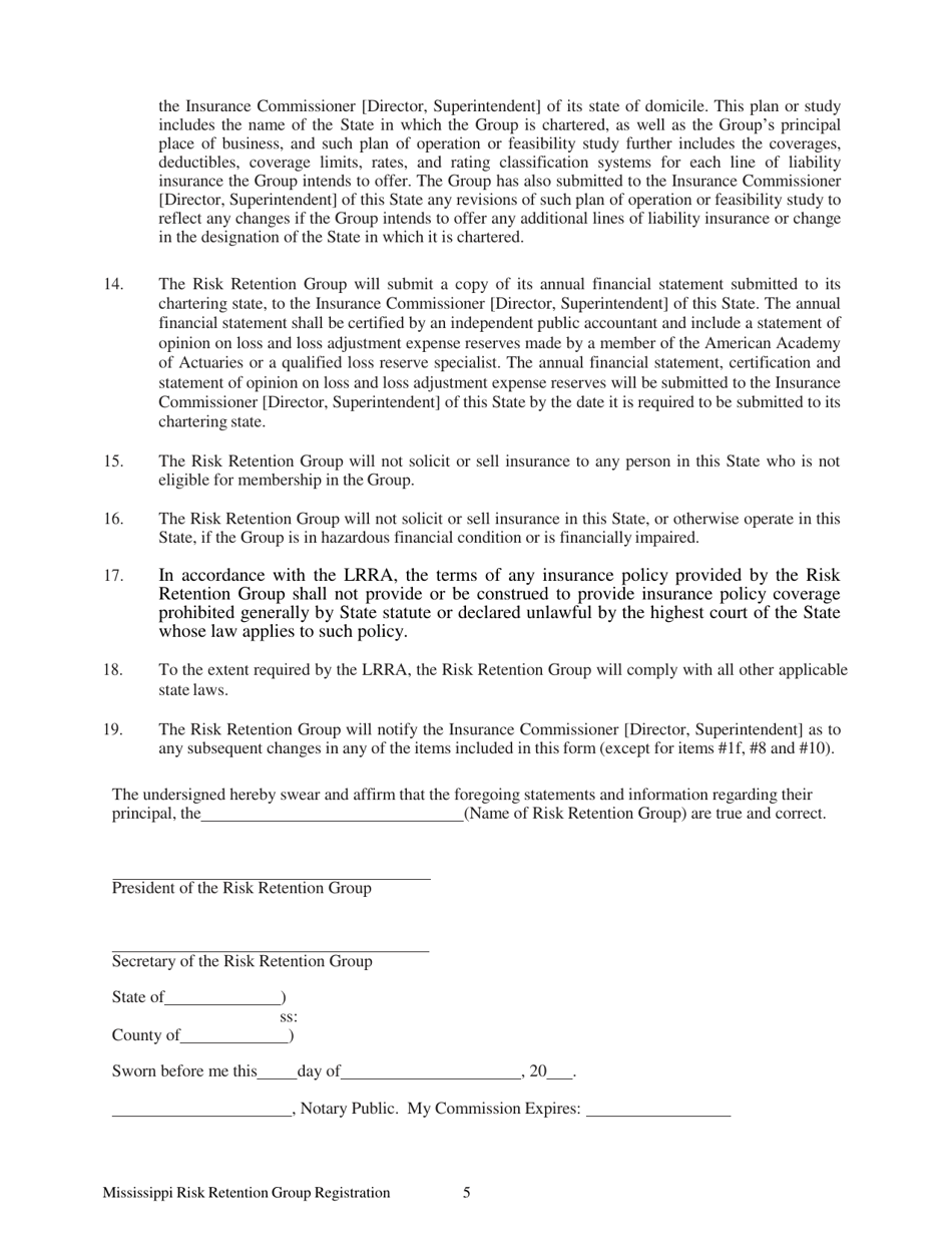 Risk Retention Group - Notice and Registration - Mississippi, Page 5