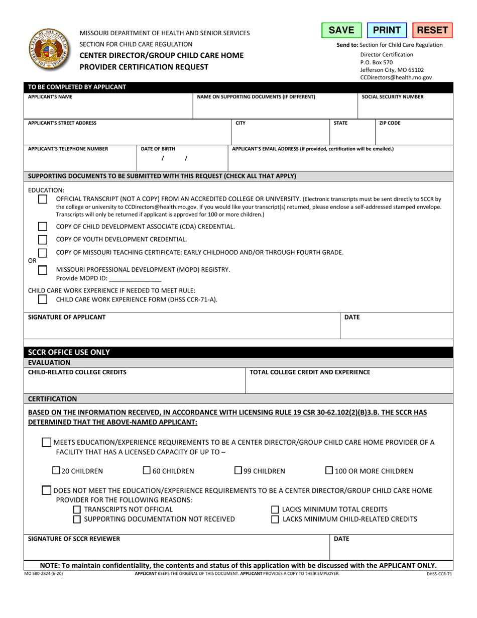 Form MO580-2824 Center Director / Group Child Care Home Provider Certification Request - Missouri, Page 1